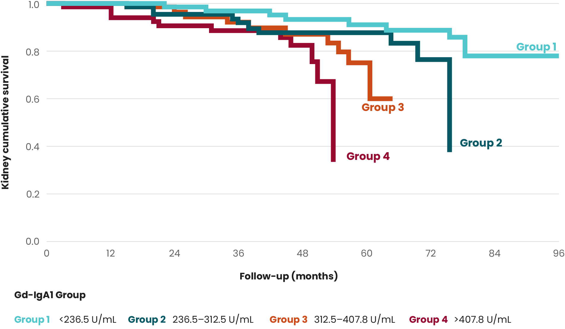 Graph depicting kidney cumulative survival in patients with IgAN based on serum Gd-IgA1 levels